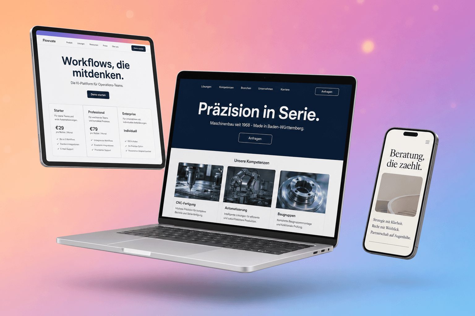 Drei Beispiel-Websites in unterschiedlichen Stilen — Tablet, Laptop und Smartphone — die zeigen, dass jede Web-Sprint-Site individuell gestaltet ist.
